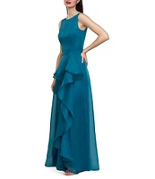 JS Collections Texture Organza Bateau Neck Sleeveless Oversize Ruffle Cascade Front Side Slit Hem Ball Gown