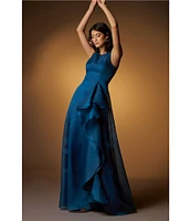 JS Collections Texture Organza Bateau Neck Sleeveless Oversize Ruffle Cascade Front Side Slit Hem Ball Gown