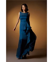 JS Collections Texture Organza Bateau Neck Sleeveless Oversize Ruffle Cascade Front Side Slit Hem Ball Gown