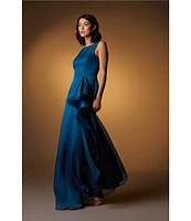 JS Collections Texture Organza Bateau Neck Sleeveless Oversize Ruffle Cascade Front Side Slit Hem Ball Gown