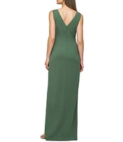 JS Collections Tianna Gown Round Neck Bow Front Stretch Crepe Column Gown