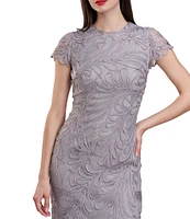 JS Collections Valencia Soutache Illusion Crew Neck Cap Sleeve Back Slit Sheath Dress