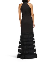 JS Collections Willa Twist Front Halter Mesh Insert Hem Stretch Crepe Mermaid Gown