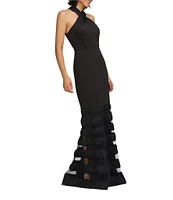 JS Collections Willa Twist Front Halter Mesh Insert Hem Stretch Crepe Mermaid Gown