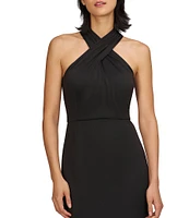 JS Collections Willa Twist Front Halter Mesh Insert Hem Stretch Crepe Mermaid Gown