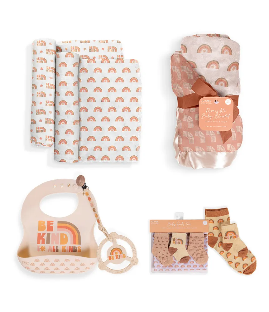 JuJuBe Everyday Essentials Be Kind Rainbows Swaddle Blankets, Reversible Blanket, Socks, Bib, & Teether Ring, Baby Bundle