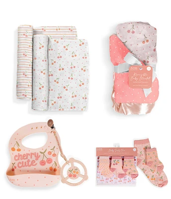 JuJuBe Everyday Essentials Cherry Cute Swaddle Blankets, Reversible Blanket, Socks, Bib, & Teether Ring, Baby Bundle