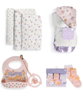 JuJuBe Everyday Essentials Mushy Love Swaddle Blankets, Reversible Blanket, Socks, Bib, & Teether Ring, Baby Bundle