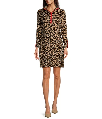 Jude Connally Anna Jude Cloth Stretch Knit Wrinkle-Free Large Leopard Print High Stand Collar Long Sleeve Shift Dress