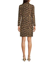 Jude Connally Anna Jude Cloth Stretch Knit Wrinkle-Free Large Leopard Print High Stand Collar Long Sleeve Shift Dress