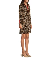 Jude Connally Anna Jude Cloth Stretch Knit Wrinkle-Free Large Leopard Print High Stand Collar Long Sleeve Shift Dress