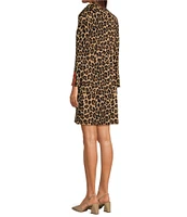 Jude Connally Anna Jude Cloth Stretch Knit Wrinkle-Free Large Leopard Print High Stand Collar Long Sleeve Shift Dress