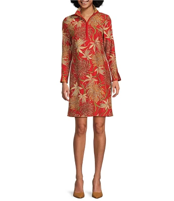 Jude Connally Anna Jude Cloth Stretch Knit Wrinkle-Free Classic Mums Print High Stand Collar Long Sleeve Shift Dress