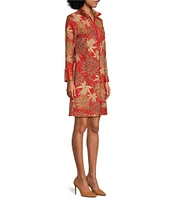 Jude Connally Anna Jude Cloth Stretch Knit Wrinkle-Free Classic Mums Print High Stand Collar Long Sleeve Shift Dress