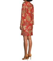 Jude Connally Anna Jude Cloth Stretch Knit Wrinkle-Free Classic Mums Print High Stand Collar Long Sleeve Shift Dress