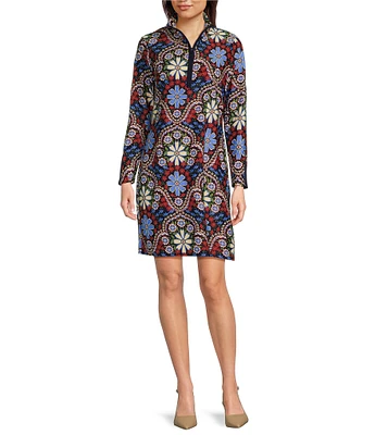 Jude Connally Anna Jude Cloth Stretch Knit Wrinkle-Free Felicity Floral Print High Stand Collar Long Sleeve Shift Dress