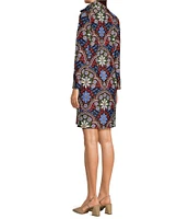 Jude Connally Anna Jude Cloth Stretch Knit Wrinkle-Free Felicity Floral Print High Stand Collar Long Sleeve Shift Dress