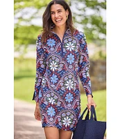 Jude Connally Anna Jude Cloth Stretch Knit Wrinkle-Free Felicity Floral Print High Stand Collar Long Sleeve Shift Dress