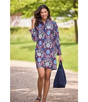 Jude Connally Anna Jude Cloth Stretch Knit Wrinkle-Free Felicity Floral Print High Stand Collar Long Sleeve Shift Dress