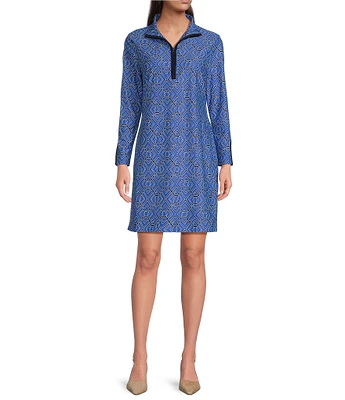 Jude Connally Anna Jude Cloth Stretch Knit Wrinkle-Free Garden Lattice Print High Stand Collar Long Sleeve Shift Dress