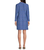 Jude Connally Anna Jude Cloth Stretch Knit Wrinkle-Free Garden Lattice Print High Stand Collar Long Sleeve Shift Dress