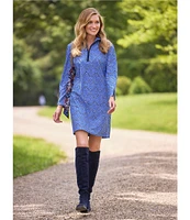 Jude Connally Anna Jude Cloth Stretch Knit Wrinkle-Free Garden Lattice Print High Stand Collar Long Sleeve Shift Dress