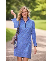 Jude Connally Anna Jude Cloth Stretch Knit Wrinkle-Free Garden Lattice Print High Stand Collar Long Sleeve Shift Dress