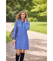 Jude Connally Anna Jude Cloth Stretch Knit Wrinkle-Free Garden Lattice Print High Stand Collar Long Sleeve Shift Dress