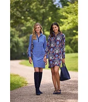 Jude Connally Anna Jude Cloth Stretch Knit Wrinkle-Free Garden Lattice Print High Stand Collar Long Sleeve Shift Dress