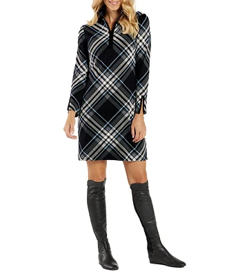 Jude Connally Anna Jude Cloth Stretch Knit Wrinkle-Free Plaid Print High Stand Collar Long Sleeve Shift Dress