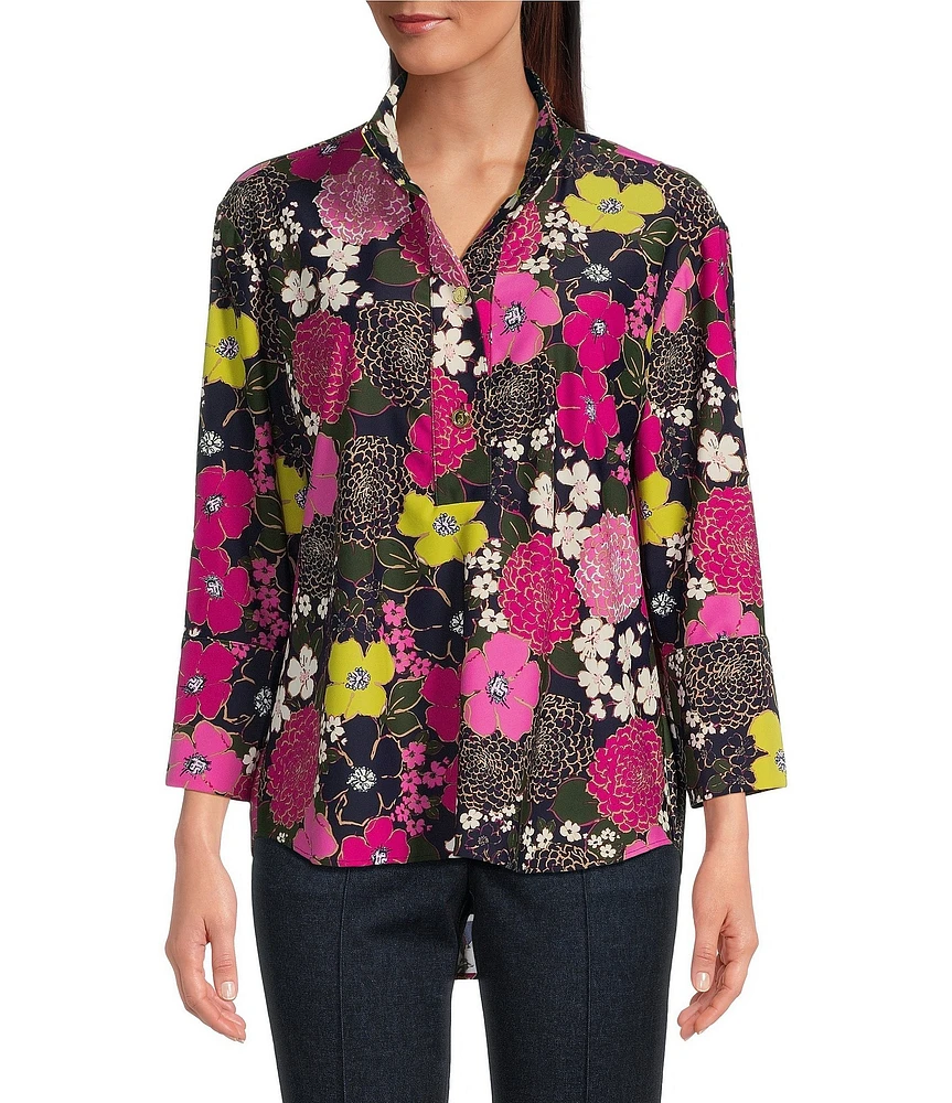 Jude Connally Belinda Autumn Blooms Print Jude Cloth Stretch Knit Wrinkle-Free Stand Collar Stand Collar 3/4 Sleeve Top