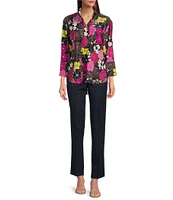 Jude Connally Belinda Autumn Blooms Print Jude Cloth Stretch Knit Wrinkle-Free Stand Collar Stand Collar 3/4 Sleeve Top