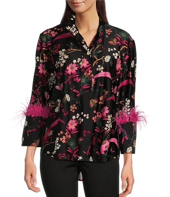 Jude Connally Belinda Floral Menagerie Print Jude Cloth Stretch Knit Wrinkle-Free Stand Collar 3/4 Sleeve Top