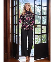 Jude Connally Belinda Floral Menagerie Print Jude Cloth Stretch Knit Wrinkle-Free Stand Collar 3/4 Sleeve Top