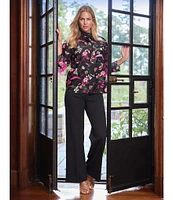 Jude Connally Belinda Floral Menagerie Print Jude Cloth Stretch Knit Wrinkle-Free Stand Collar 3/4 Sleeve Top