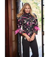 Jude Connally Belinda Floral Menagerie Print Jude Cloth Stretch Knit Wrinkle-Free Stand Collar 3/4 Sleeve Top