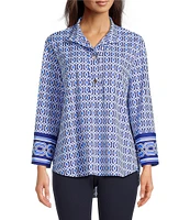 Jude Connally Belinda Terrace Geo Print Jude Cloth Stretch Knit Wrinkle-Free Stand Collar Stand Collar 3/4 Sleeve Top