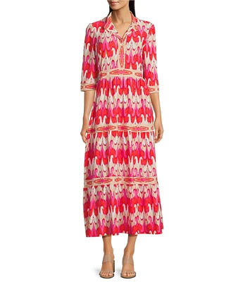 Jude Connally Candy Paradise Ikat Print Jude Cloth Knit V-Neck 3/4 Sleeve A-Line Tiered Maxi Dress