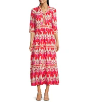 Jude Connally Candy Paradise Ikat Print Jude Cloth Knit V-Neck 3/4 Sleeve A-Line Tiered Maxi Dress