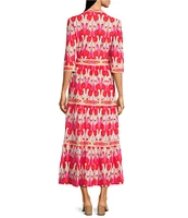 Jude Connally Candy Paradise Ikat Print Jude Cloth Knit V-Neck 3/4 Sleeve A-Line Tiered Maxi Dress
