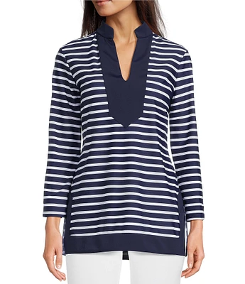 Jude Connally Chris Everyday Stripe Print Jude Cloth Stretch Knit Mandarin Collar Bracelet Sleeve Coordinating Top