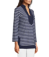 Jude Connally Chris Everyday Stripe Print Jude Cloth Stretch Knit Mandarin Collar Bracelet Sleeve Coordinating Top