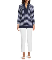 Jude Connally Chris Everyday Stripe Print Jude Cloth Stretch Knit Mandarin Collar Bracelet Sleeve Coordinating Top