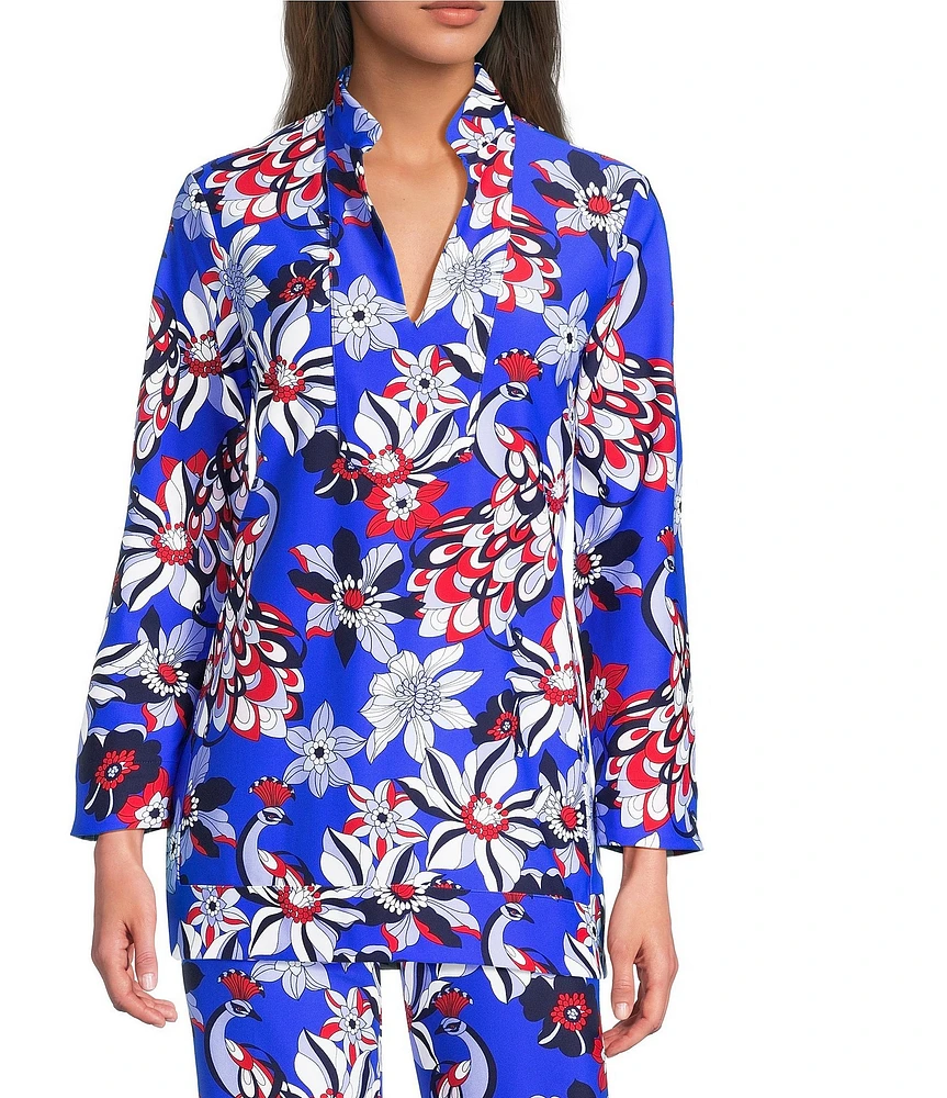 Jude Connally Chris Everyday Twirling Peacock Print Jude Cloth Stretch Knit Mandarin Collar Bracelet Sleeve Coordinating Top