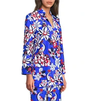 Jude Connally Chris Everyday Twirling Peacock Print Jude Cloth Stretch Knit Mandarin Collar Bracelet Sleeve Coordinating Top