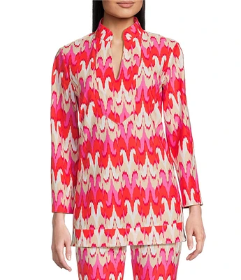 Jude Connally Chris Paradise Ikat Peony Print Jude Cloth Stretch Knit Mandarin Collar Bracelet Sleeve Coordinating Top