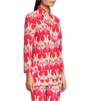 Jude Connally Chris Paradise Ikat Peony Print Jude Cloth Stretch Knit Mandarin Collar Bracelet Sleeve Coordinating Top