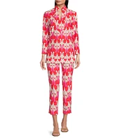 Jude Connally Chris Paradise Ikat Peony Print Jude Cloth Stretch Knit Mandarin Collar Bracelet Sleeve Coordinating Top