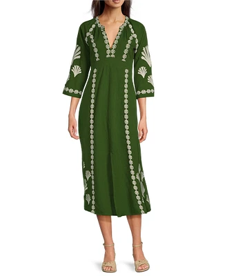 Jude Connally Clementine Embroidered Linen Split V-Neck 3/4 Sleeve Dress