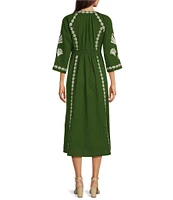 Jude Connally Clementine Embroidered Linen Split V-Neck 3/4 Sleeve Dress